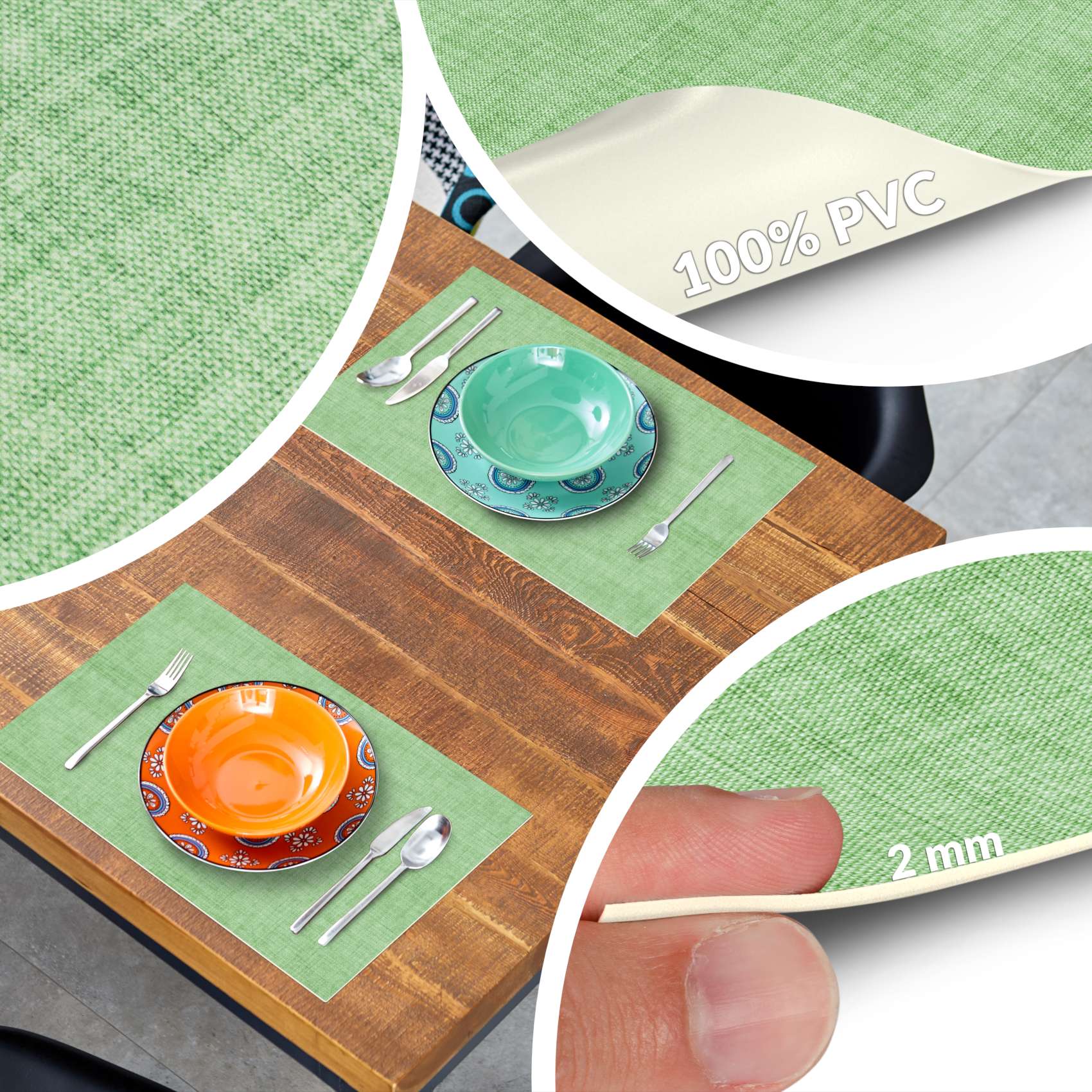 Platzsets Tischset Platzdeckchen abwaschbar Tischuntersetzer PVC hitzebeständig Uni Leinen green 35x50cm