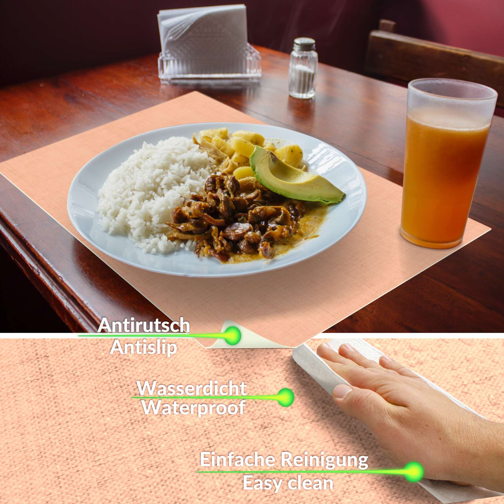 Platzsets Tischset Platzdeckchen abwaschbar Tischuntersetzer PVC hitzebeständig Uni Leinen peach 35x50cm