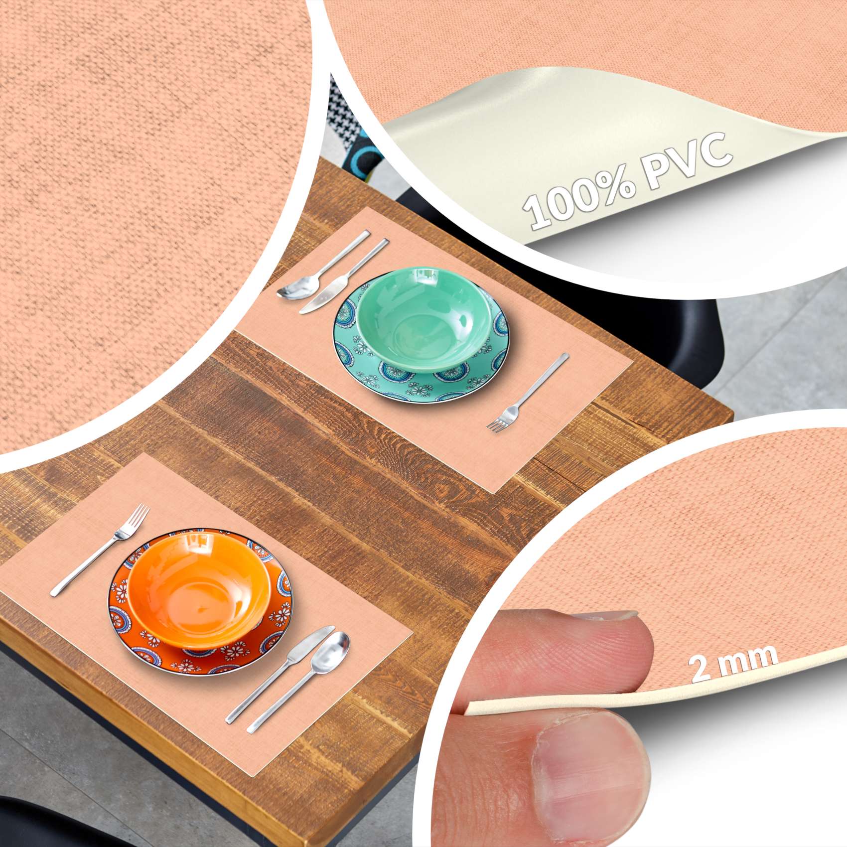 Platzsets Tischset Platzdeckchen abwaschbar Tischuntersetzer PVC hitzebeständig Uni Leinen peach 35x50cm
