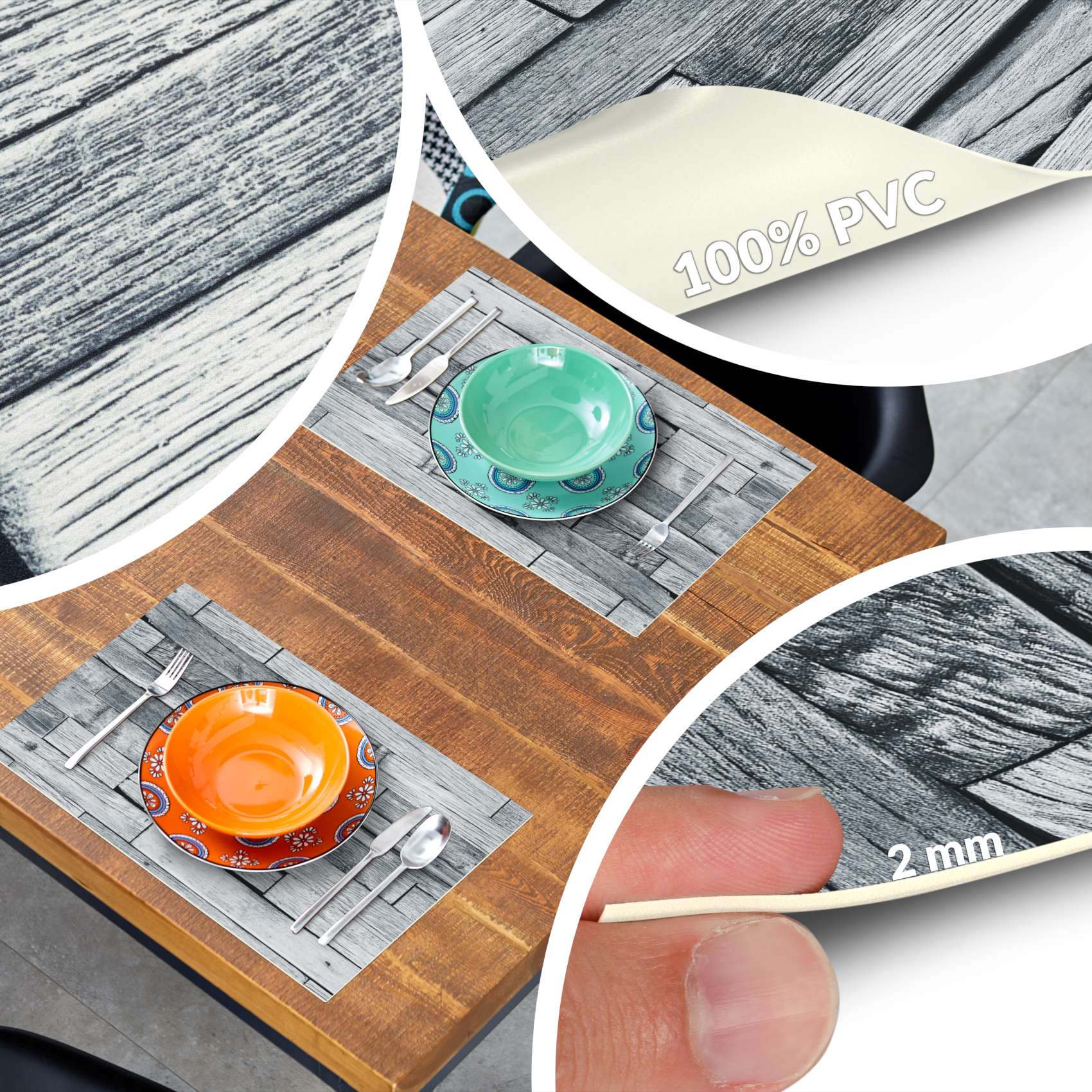 Platzsets Tischset Platzdeckchen abwaschbar Tischuntersetzer PVC hitzebeständig Whisky Wood Grau 35x50cm