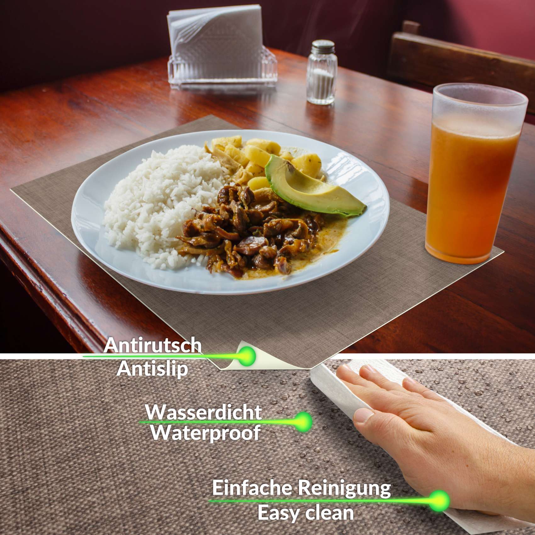 Tischset Platzset Platzdeckchen abwaschbar Tischuntersetzer PVC hitzebeständig Uni Leinen Braun 30x45cm