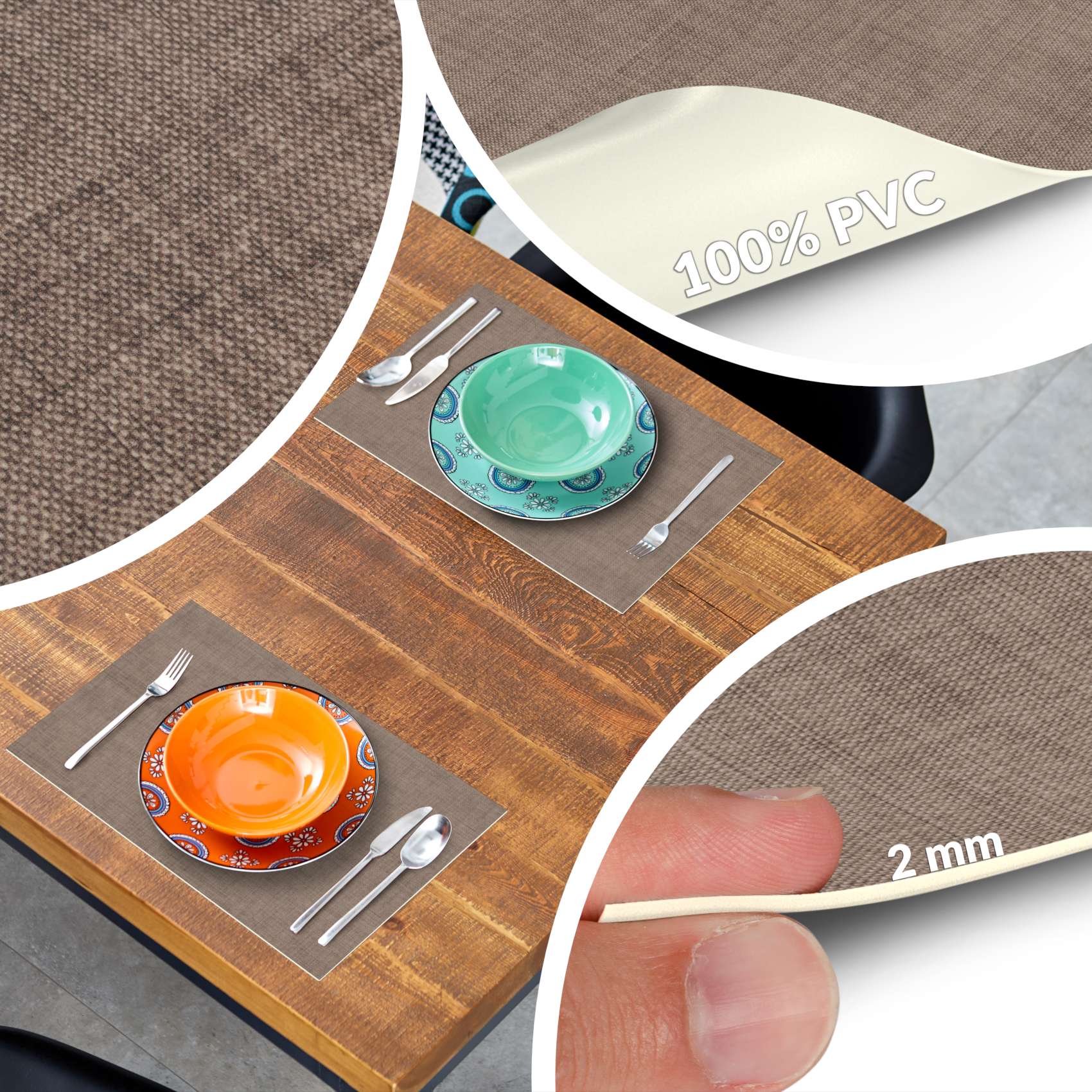 Tischset Platzset Platzdeckchen abwaschbar Tischuntersetzer PVC hitzebeständig Uni Leinen Braun 30x45cm