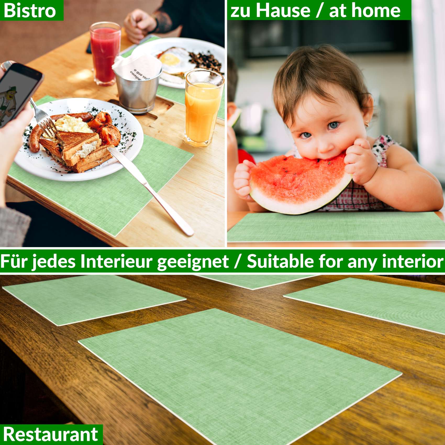 Platzsets Tischset Platzdeckchen abwaschbar Tischuntersetzer PVC hitzebeständig Uni Leinen green 30x45cm