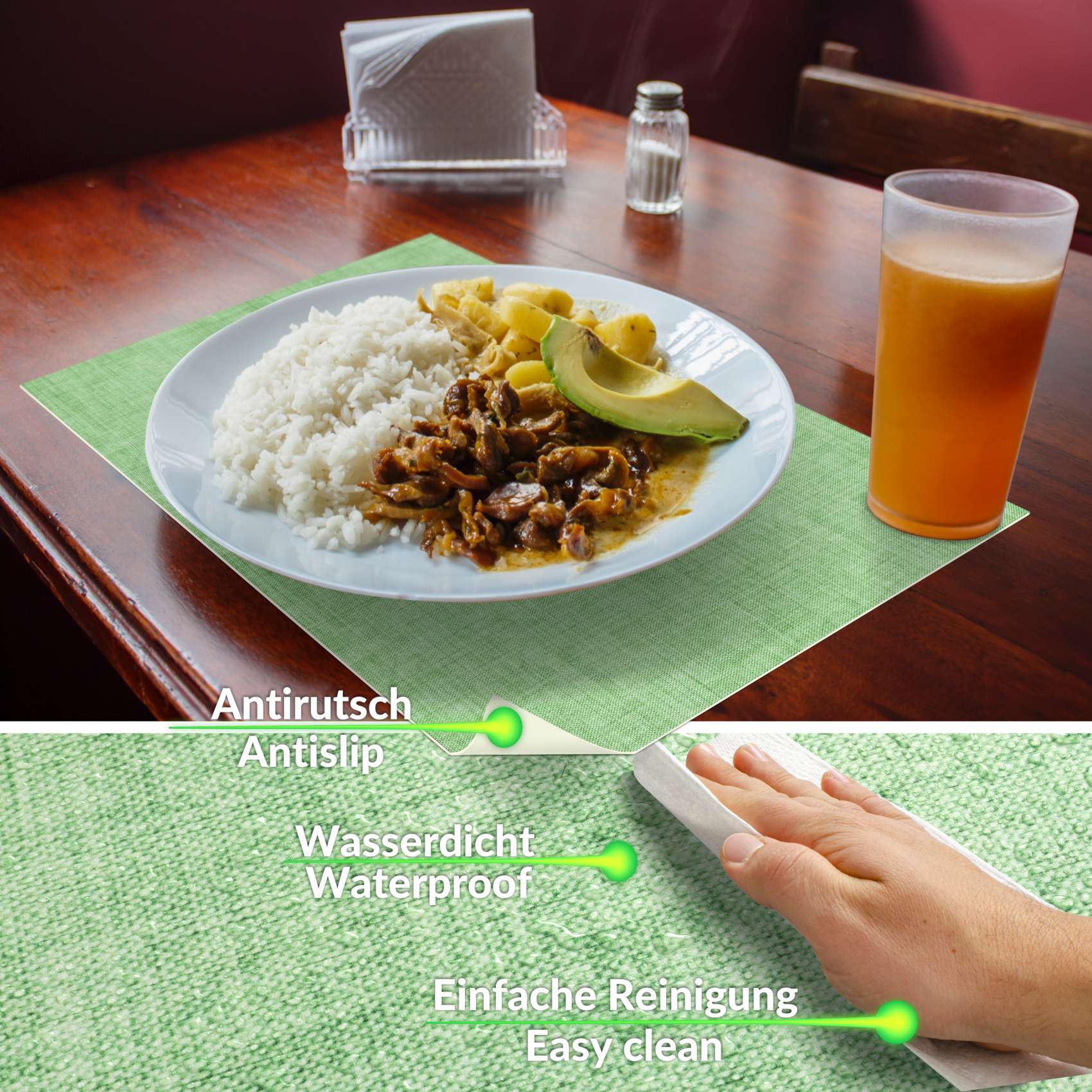 Platzsets Tischset Platzdeckchen abwaschbar Tischuntersetzer PVC hitzebeständig Uni Leinen green 30x45cm