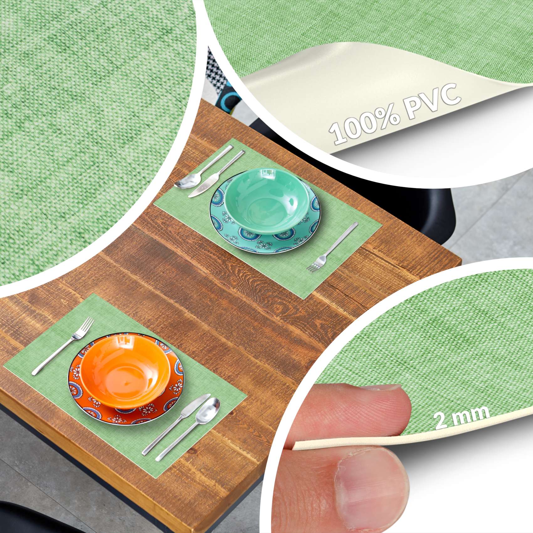 Platzsets Tischset Platzdeckchen abwaschbar Tischuntersetzer PVC hitzebeständig Uni Leinen green 30x45cm