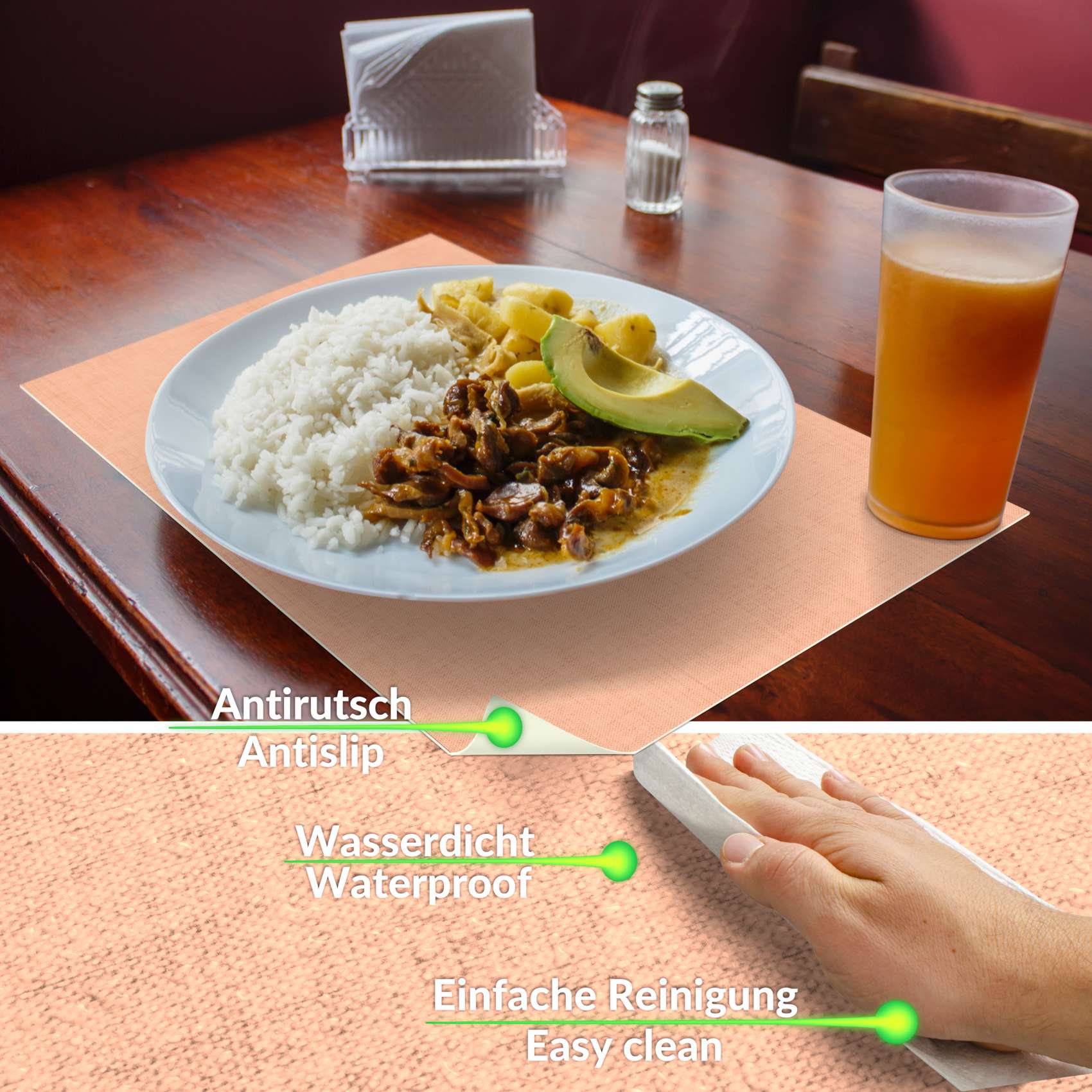 Platzsets Tischset Platzdeckchen abwaschbar Tischuntersetzer PVC hitzebeständig Uni Leinen peach 30x45cm