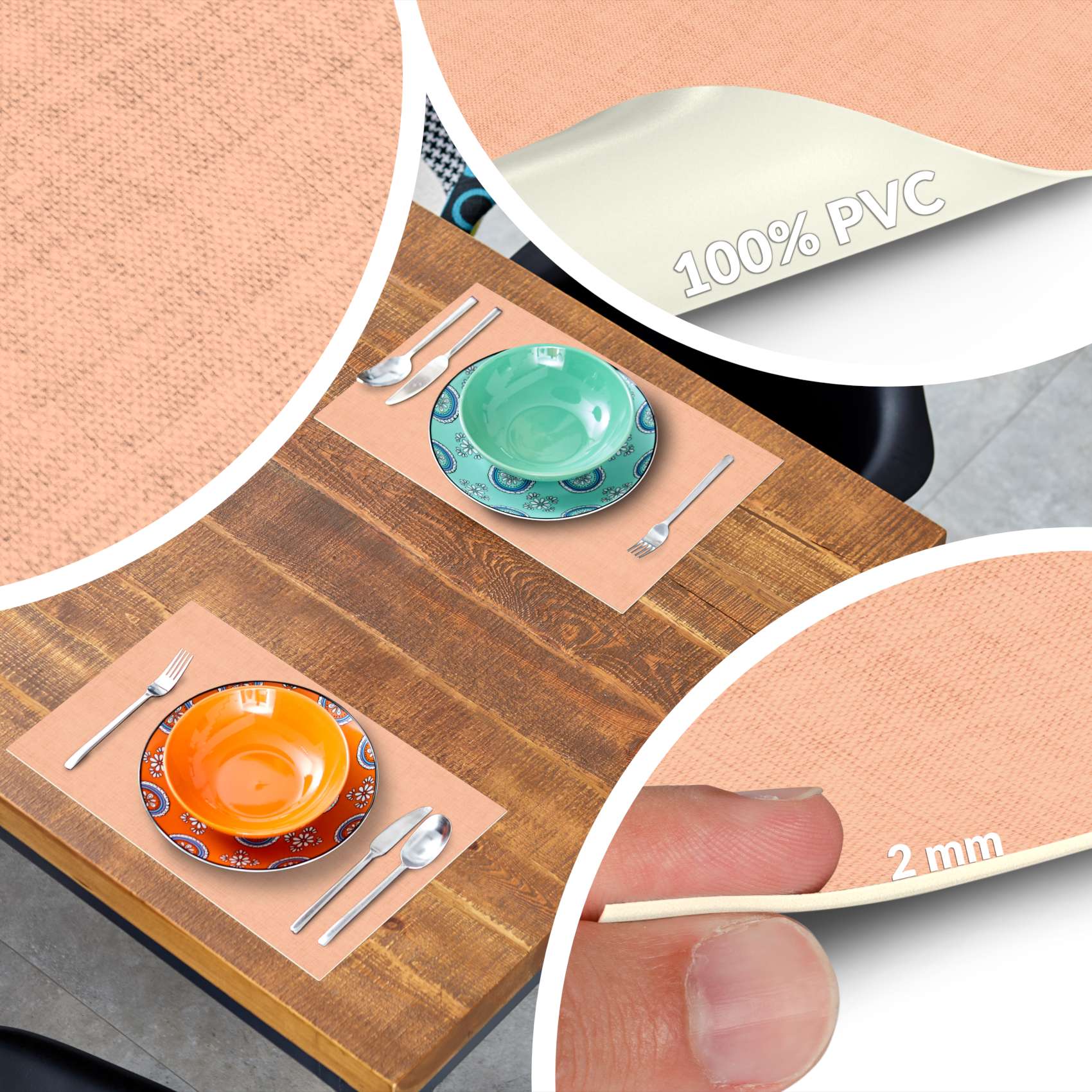 Platzsets Tischset Platzdeckchen abwaschbar Tischuntersetzer PVC hitzebeständig Uni Leinen peach 30x45cm