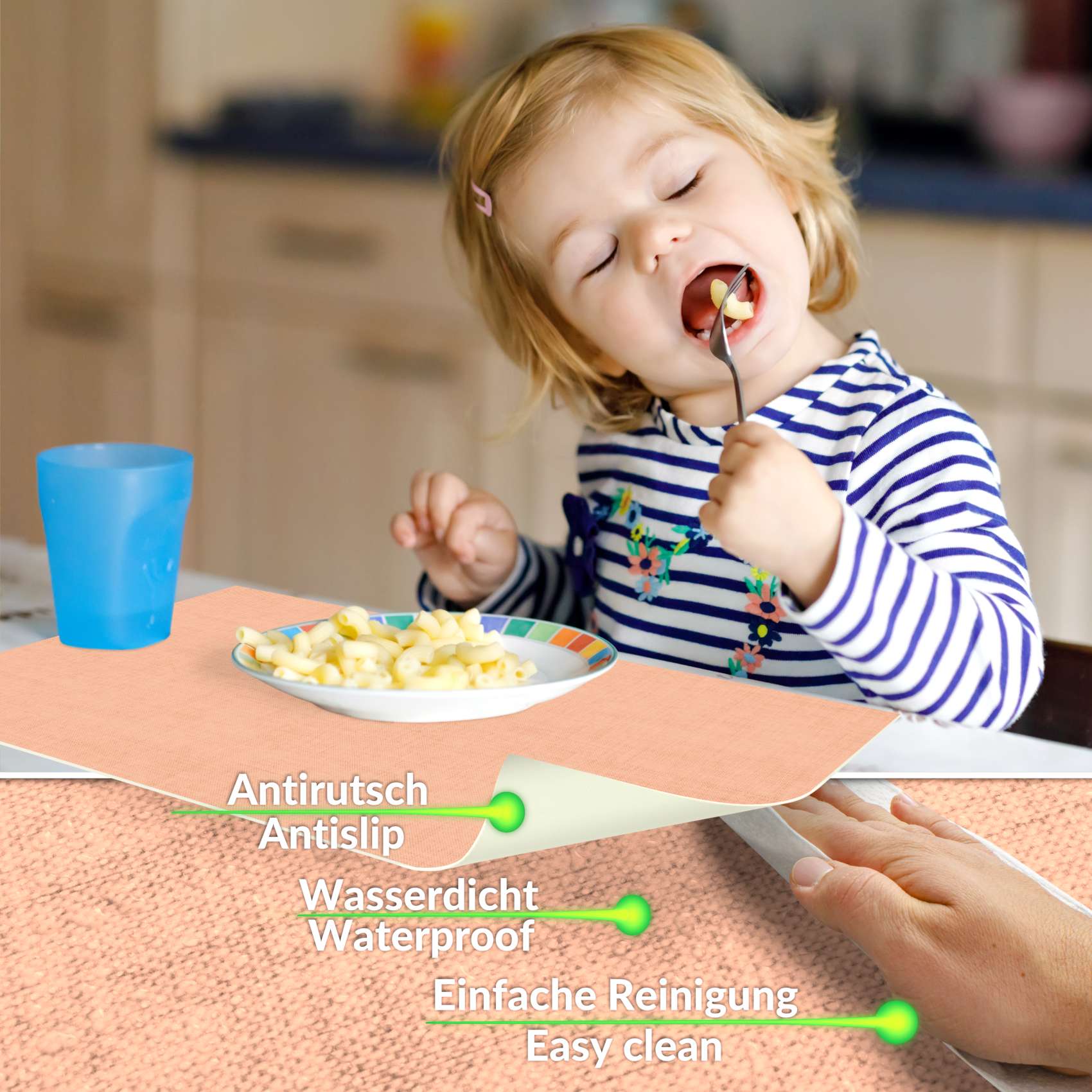 Platzsets Tischset Platzdeckchen abwaschbar Tischuntersetzer PVC hitzebeständig Uni Leinen peach 30x45cm