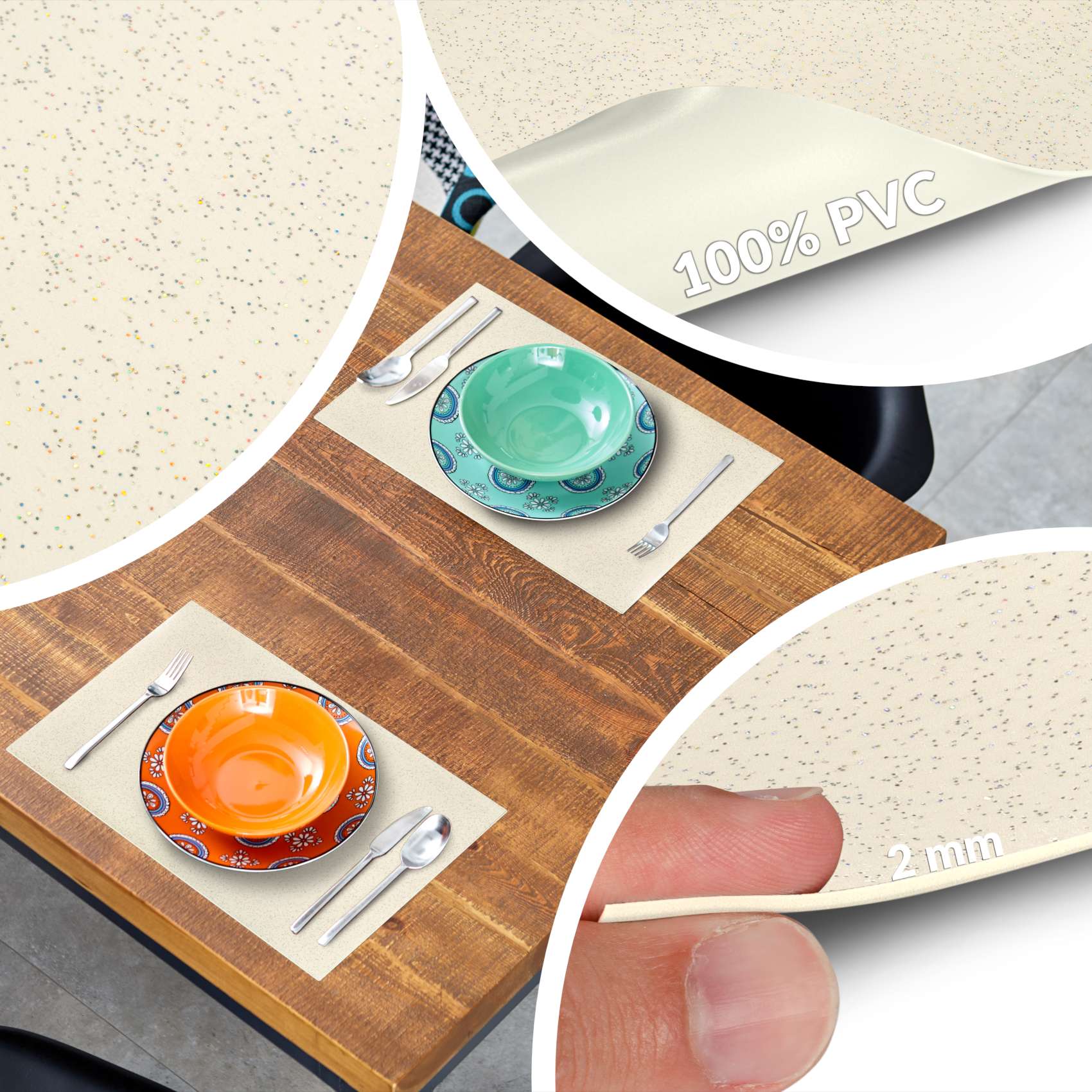 Platzsets Tischset Platzdeckchen abwaschbar Tischuntersetzer PVC hitzebeständig Glitzer Uni Beige 30x45cm
