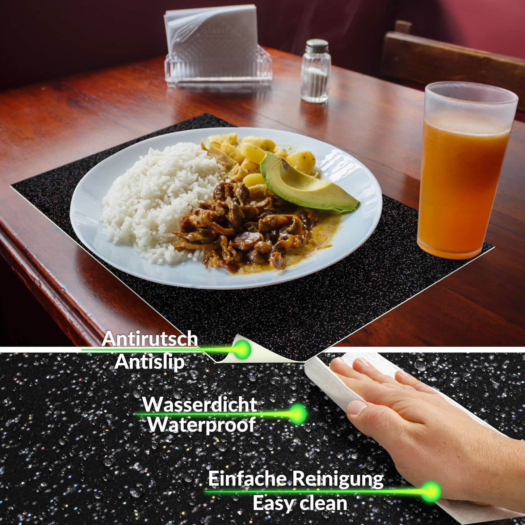 Platzsets Tischset Platzdeckchen abwaschbar Tischuntersetzer PVC hitzebeständig Glitzer Uni Schwarz 30x45cm