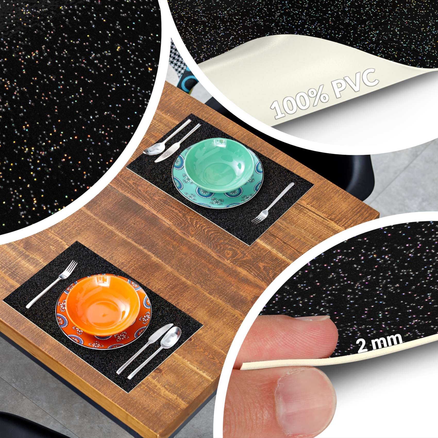 Platzsets Tischset Platzdeckchen abwaschbar Tischuntersetzer PVC hitzebeständig Glitzer Uni Schwarz 30x45cm