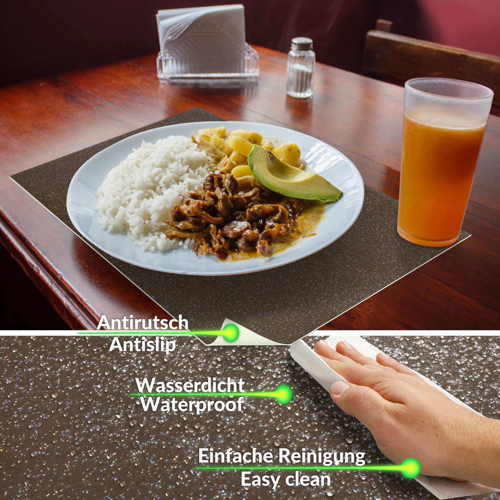 Platzsets Tischset Platzdeckchen abwaschbar Tischuntersetzer PVC hitzebeständig Glitzer Uni Braun 30x45cm