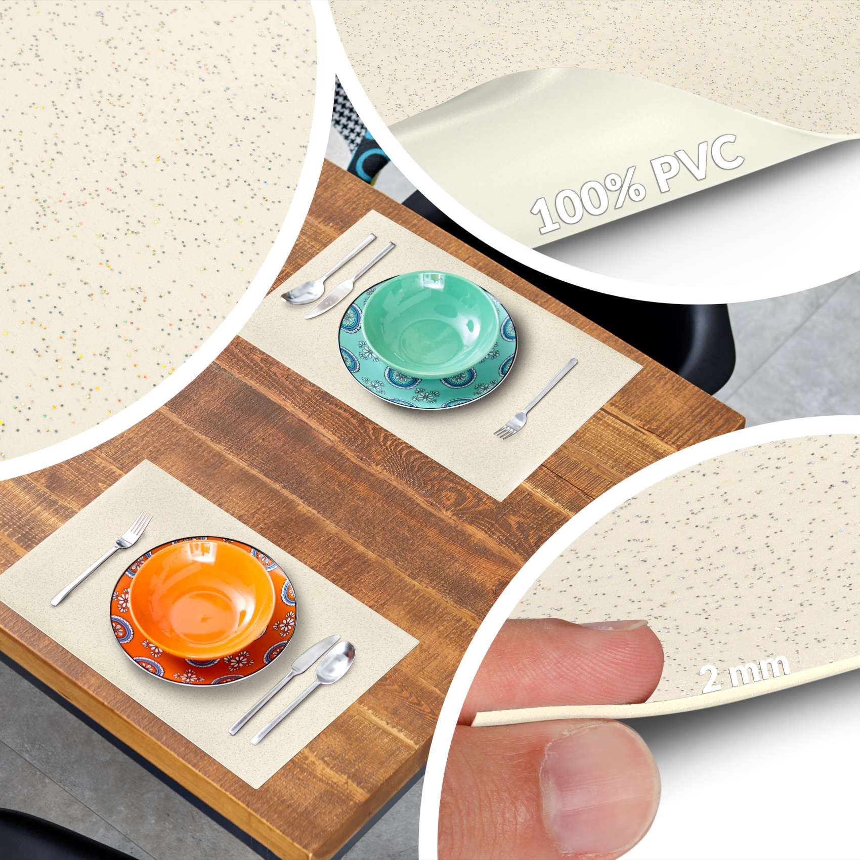 Platzsets Tischset Platzdeckchen abwaschbar Tischuntersetzer PVC hitzebeständig Glitzer Uni Beige 35x50cm