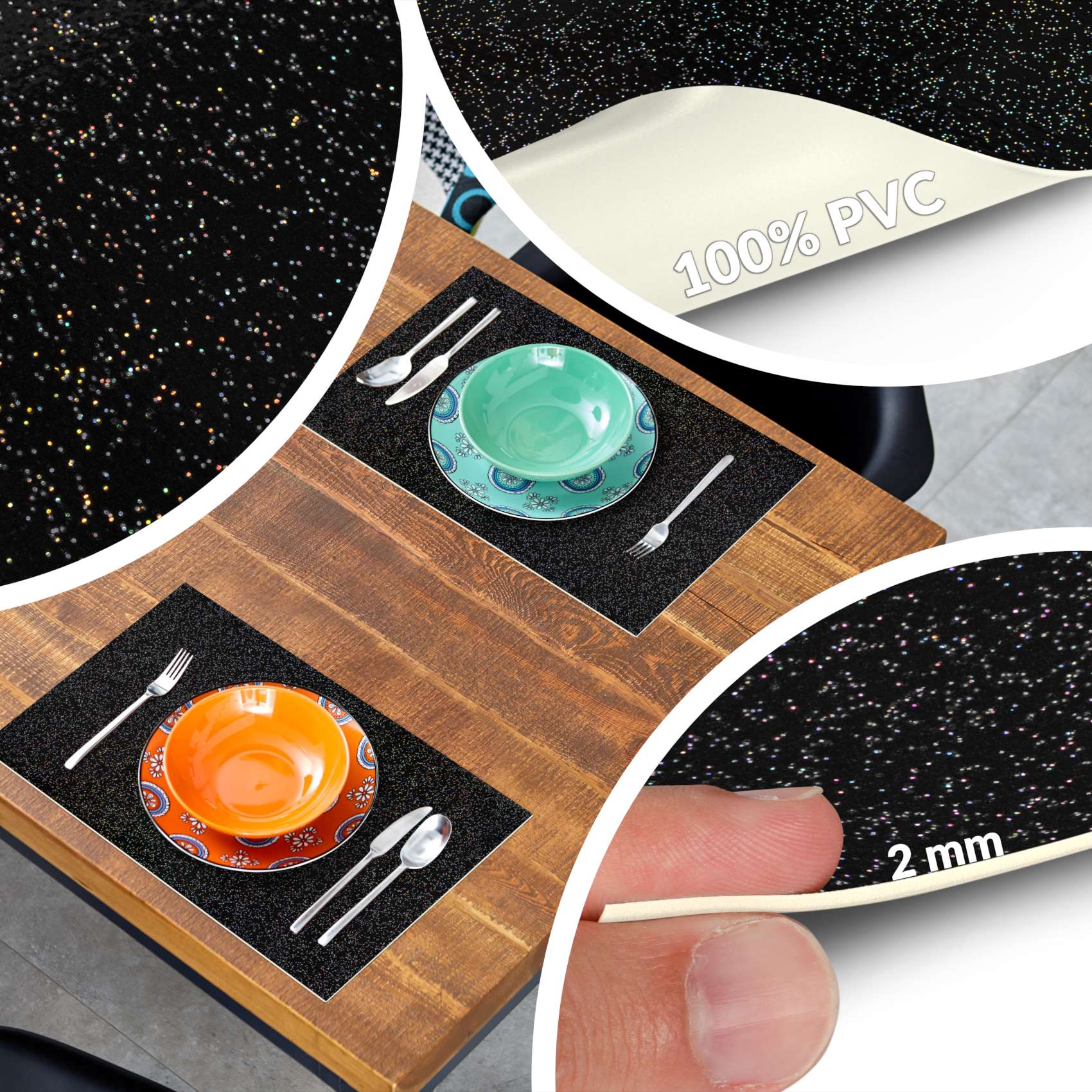 Platzsets Tischset Platzdeckchen abwaschbar Tischuntersetzer PVC hitzebeständig Glitzer Uni Schwarz 35x50cm