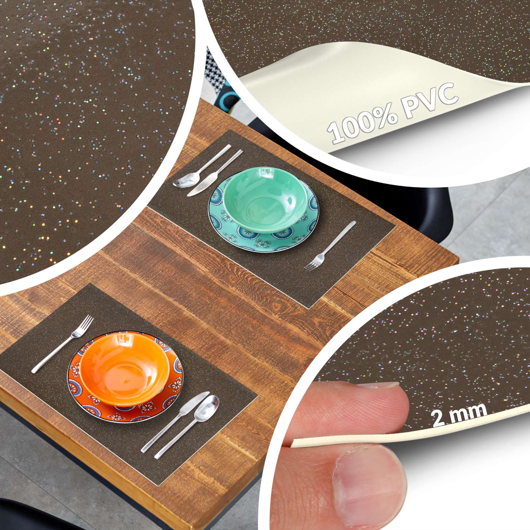 Platzsets Tischset Platzdeckchen abwaschbar Tischuntersetzer PVC hitzebeständig Glitzer Uni Braun 35x50cm