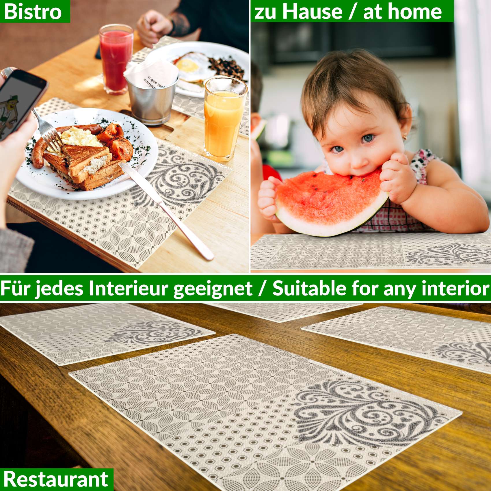 Platzsets Tischset Platzdeckchen abwaschbar Tischuntersetzer PVC hitzebeständig Beige Ornament 35x50cm