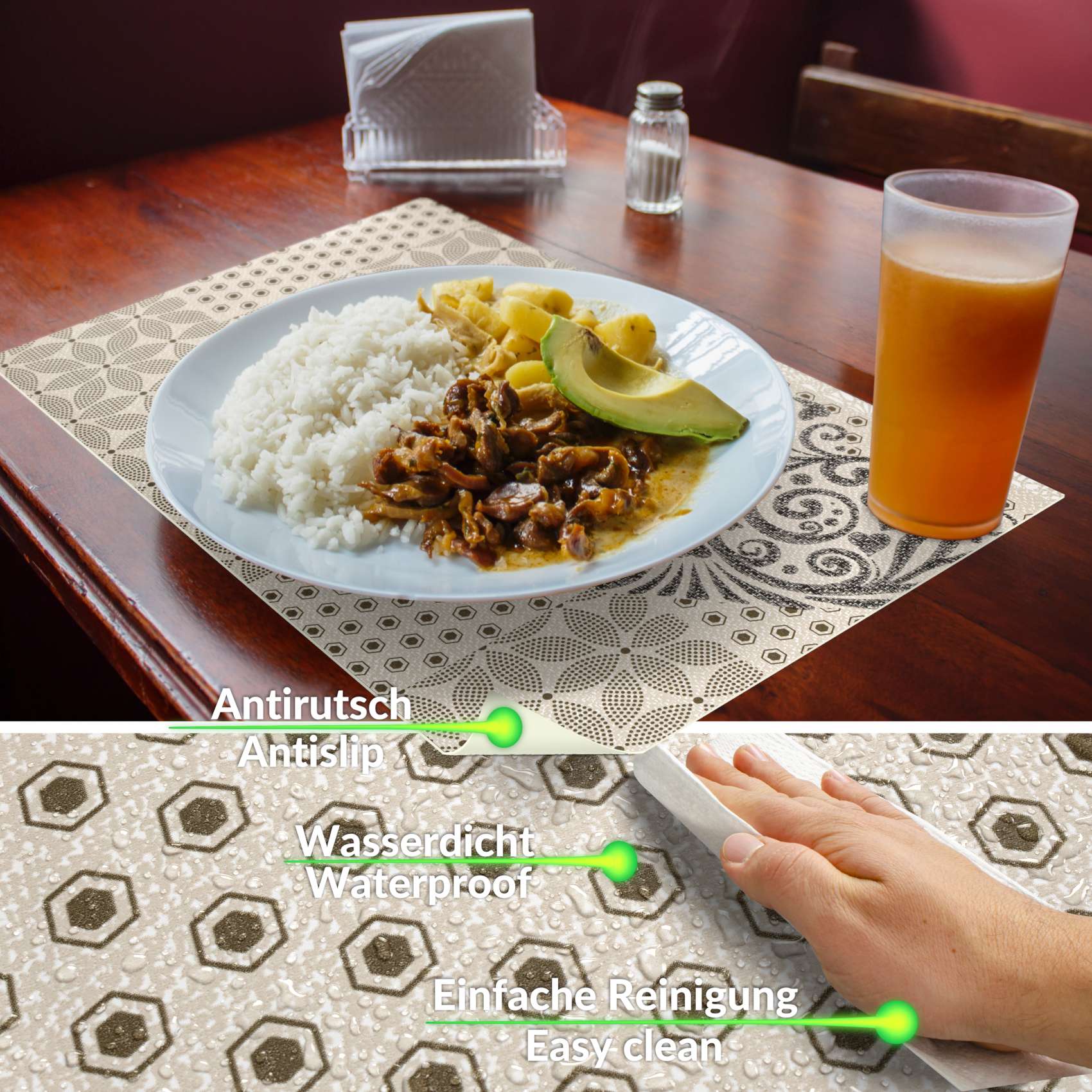 Platzsets Tischset Platzdeckchen abwaschbar Tischuntersetzer PVC hitzebeständig Beige Ornament 35x50cm