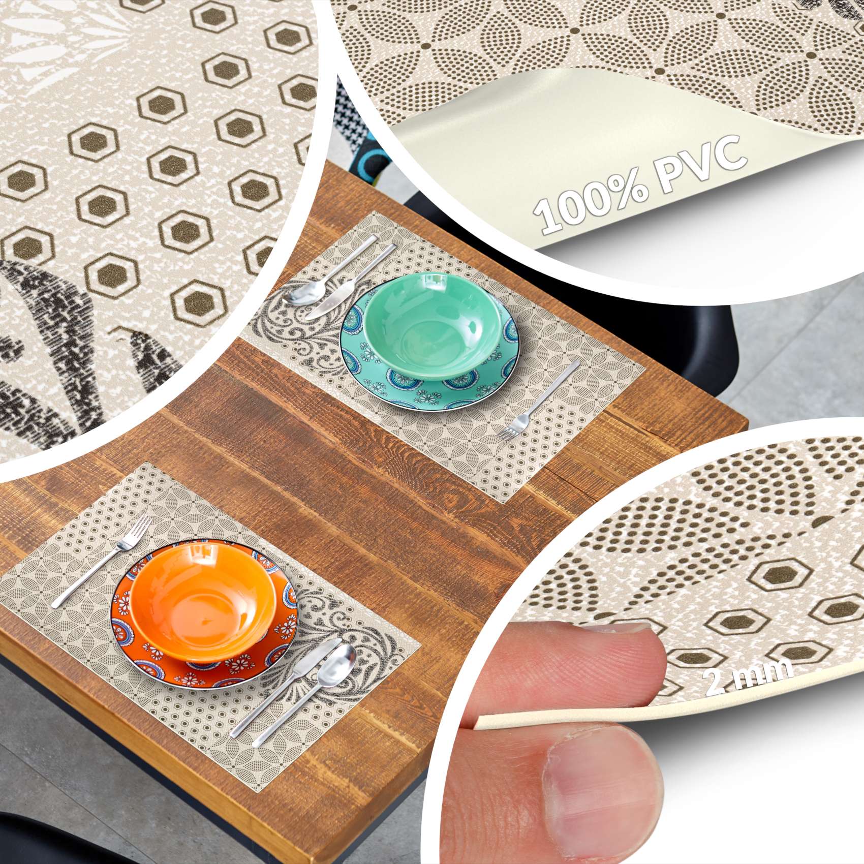 Platzsets Tischset Platzdeckchen abwaschbar Tischuntersetzer PVC hitzebeständig Beige Ornament 35x50cm