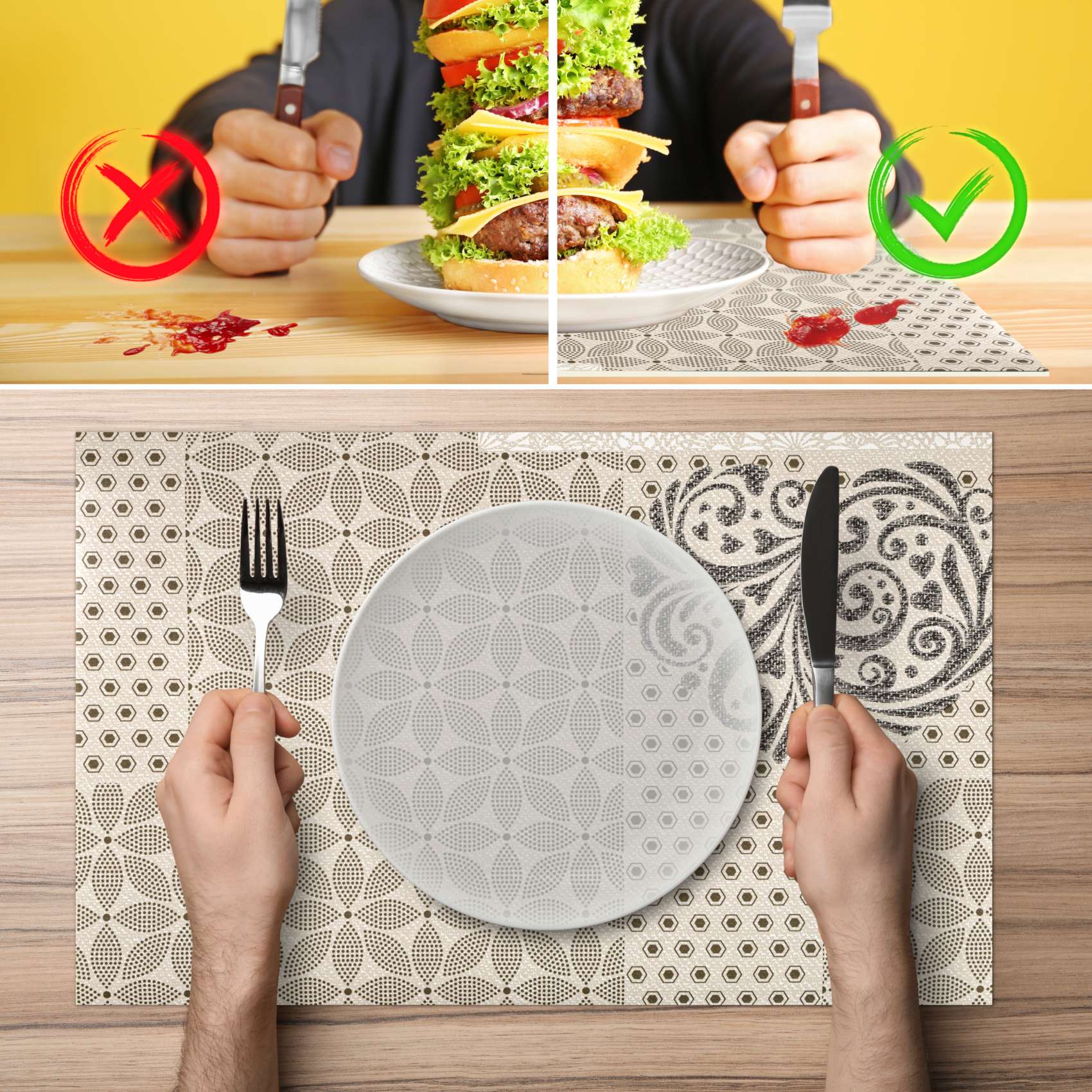 Platzsets Tischset Platzdeckchen abwaschbar Tischuntersetzer PVC hitzebeständig Beige Ornament 35x50cm