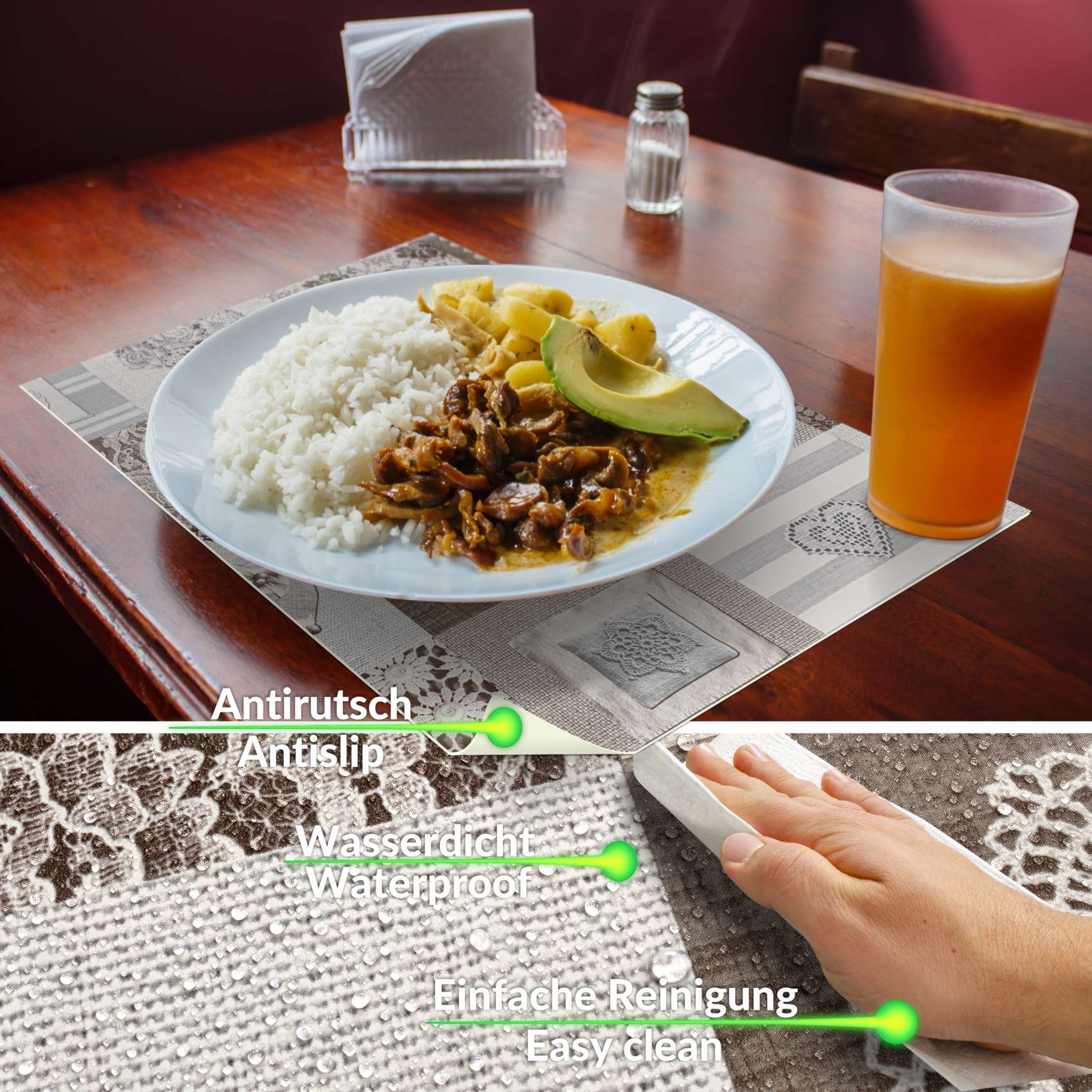 Platzsets Tischset Platzdeckchen abwaschbar Tischuntersetzer PVC hitzebeständig Patchwork Holz Liebe 30x45cm